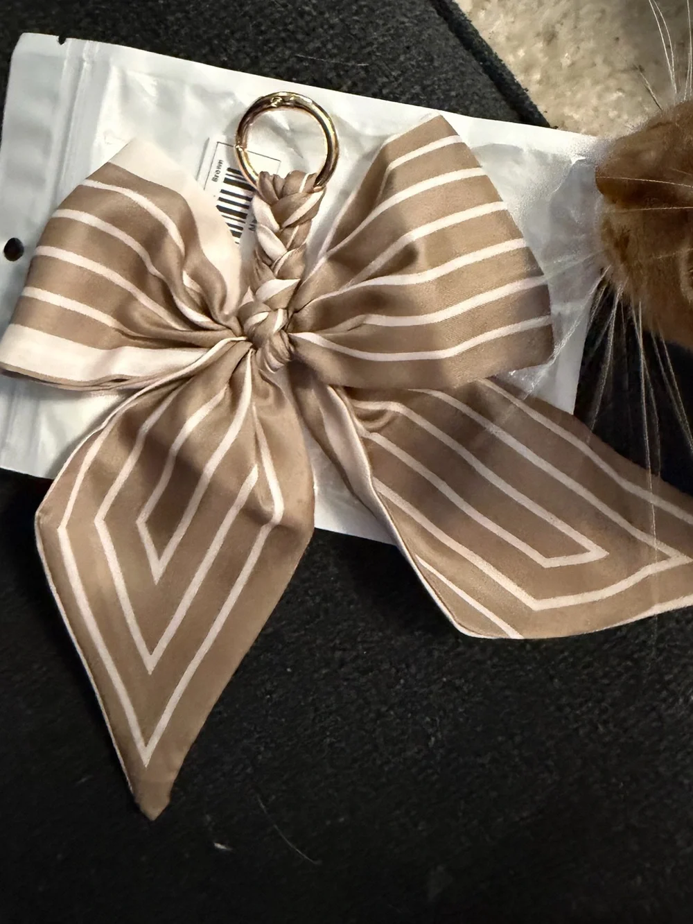 Striped Bow Keychain Charm - Taupe
